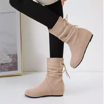 2024 autumn and winter foreign trade new inner height-increasing short boots round head flat bottom casual large size boots female manufacturer 35 бежевый