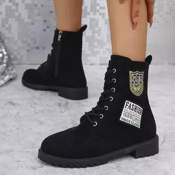 2024 autumn and winter foreign trade new medium tube front lace-up viscose shoes suede thick heel round head Martin boots women 36 чёрный