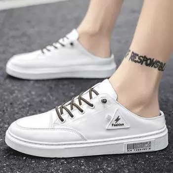 2024 autumn and winter heel-free half-slippers men s Korean version trendy breathable canvas shoes casual flat-bottomed bag head cool slippers 39 чёрный