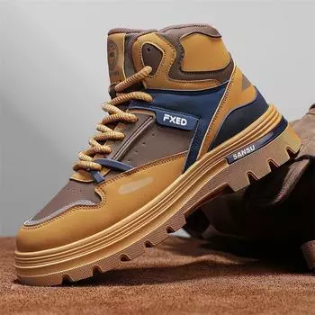 2024 autumn and winter high-top leather tide board shoes thick-soled Martin boots men s tooling boots live broadcast retro foot locomotive boots men 39 чёрный
