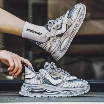 2024 autumn and winter leather surface breathable sports shoes outdoor niche dad shoes student live broadcast Harajuku style old shoes men s shoes 39 чёрный