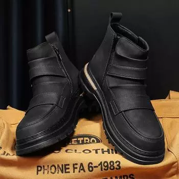 2024 autumn and winter live broadcast high-top leather trendy shoes thick-soled Martin boots men s tooling boots retro foot locomotive boots men s 39 чёрный