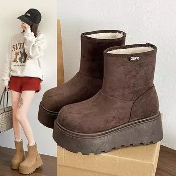 2024 autumn and winter Maillard new thick-soled heightening snow boots female stars with the same suede non-slip cotton shoes tide 35 верблюд