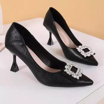 2024 autumn and winter new banquet versatile not tired feet high heels rhinestone sexy fashion professional thick heel single shoes women 34 чёрный
