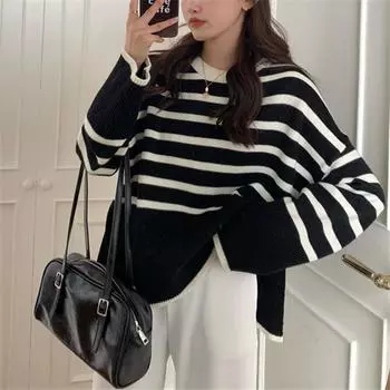 2024 autumn and winter new black and white striped color matching sweater women s pullover loose outer wear lazy long-sleeved knitted cardigan women one size fits all чёрный
