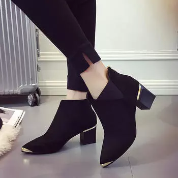 2024 осень и зима новые сапоги модные заостренные женские сапоги металлические грубые с сапогами женские488 4 бежевый