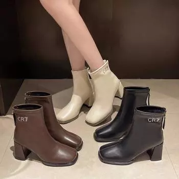 2024 Autumn and Winter New British Style Women s Shoes Square Head Fashion Thick with Women s Back Zipper Boots 35 коричневый