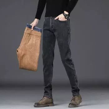 2024 Autumn And Winter New Denim Pants For Men, Elastic Slim Fit Straight Tube, Comfortable And Plush Thick Men S Clothing 28 темно-серого