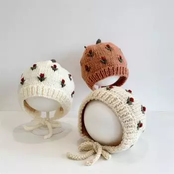 2024 autumn and winter new embroidered flower princess hat baby girl hat fashion knitted ear hat 48cm is recommended for about 0-16 months. розовый