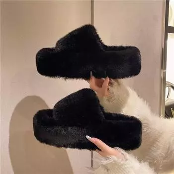 2024 autumn and winter new fluffy slippers women s wear fashion large size home warm one word plush slippers women s foreign trade 35 чёрный