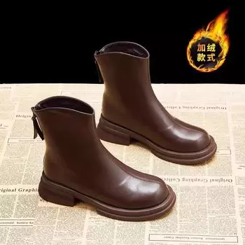 2024 autumn and winter new height-increasing thin boots rear zipper round head fleece short boots small thick-soled Martin boots women s boots 35