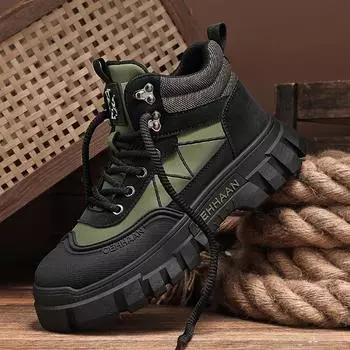 2024 autumn and winter new leather boots high-top outdoor Martin boots thick-soled tooling boots locomotive boots retro live men s shoes tide 39 черный серый