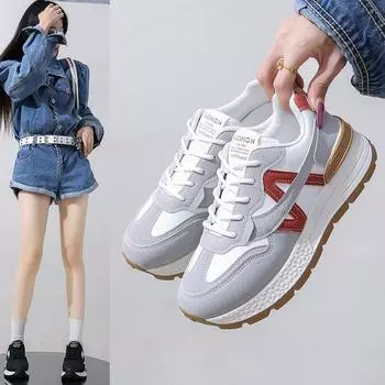 2024 autumn and winter new leather dad shoes versatile breathable color matching thick-soled heightening sports shoes women s lightweight running shoe 35 красный