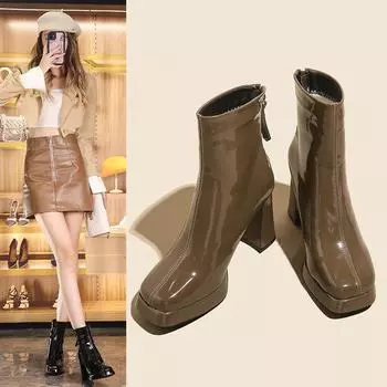 2024 autumn and winter new Martin boots women s square head high heel thick heel rear zipper short boots patent leather high heel single boots 34 хаки
