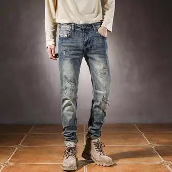 2024 Осень и зима Новые мужские джинсы Slim Fit Small Feet Ретро рваные длинные брюки Модные повседневные брюки Ностальгические 28