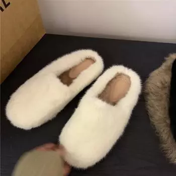 2024 autumn and winter new outer wear bag head fluffy slippers female chic style Korean version simple versatile mink plush mop 39 чёрный
