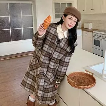 2024 autumn and winter new plaid double-sided cashmere coat retro style long horn buckle woolen coat college style S [85-52.5kg]