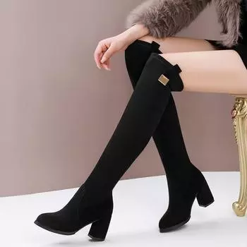 2024 autumn and winter new pointed thick heel high heel boots women s knee boots thin elastic boots tall thin boots 34