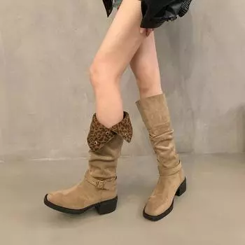 2024 autumn and winter new retro leopard print flip two wear boots female thick heel tall knight pile western boots 35 чёрный
