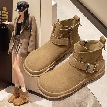 2024 Autumn and Winter New Round Head Retro Ankle Boots Women Flat Large Size Side Zipper Fashion Casual Boots 35 коричневый