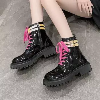 2024 autumn and winter new round head short boots thick-soled medium heel bright leather zipper Martin boots 35 розовый