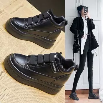 2024 autumn and winter new small inner height increase short boots friction sticker thick-soled muffin leather casual thick-soled high-top shoes 34