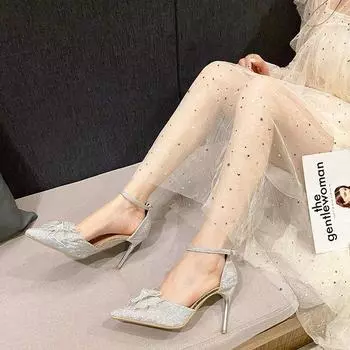 2024 autumn and winter new temperament bow banquet single shoes women s word with champagne gold rhinestone wedding dress high heels women 34