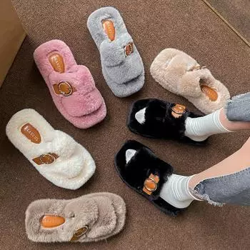 2024 autumn and winter new thick-bottomed square head inner fleece double belt buckle Internet celebrity cute fluffy slippers women 35 чёрный