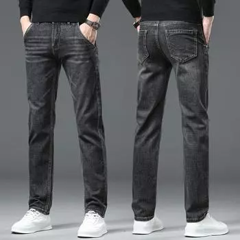 2024 Autumn And Winter New Thick Denim Loose Straight Tube Elastic Casual Slim Fit Men S Black Gray Hand Wiped Denim Pants 28