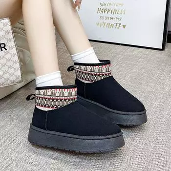 2024 autumn and winter new thick soled ethnic snow boots for women, round toe and thick cotton shoes with added fleece 36 коричневый