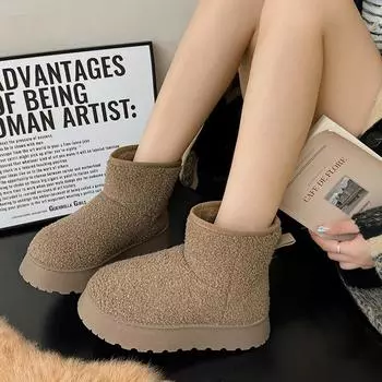 2024 autumn and winter new thick-soled heightening snow boots women s shorty Le lamb wool waterproof, non-slip and warm cotton shoes 36 чёрный