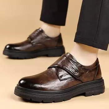 2024 autumn and winter new trendy soft-soled black thick-soled and versatile casual men s leather shoes British style business shoes 38 чёрный