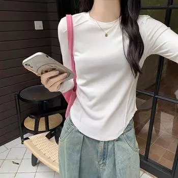 2024 autumn and winter new white long-sleeved T-shirt for women with irregular hem, slim fit, stylish and chic top S