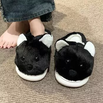 2024 Autumn and Winter New Women s Thick-Soled Plush Baotou Cute Cartoon Dog Warm and Comfortable Cotton Slippers 36-37 чёрный