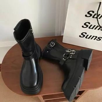 2024 autumn and winter new women s shoes medium top casual fashion Martin boots platform classic zipper rubber knight boots 35 чёрный