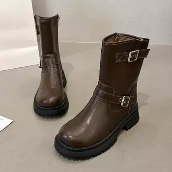2024 autumn and winter new women s shoes medium top casual fashion Martin boots platform zipper rubber fashion boots mother shoes 36 чёрный
