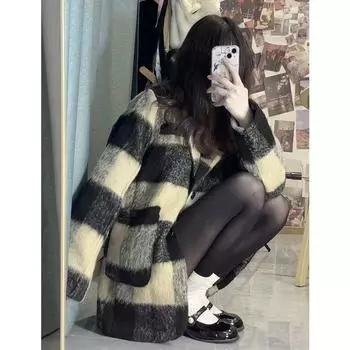 2024 осень и зима новое шерстяное пальто Xiaoxiangfeng в клетку женское среднее и длинное нишевое свободное шерстяное пальто S чёрный