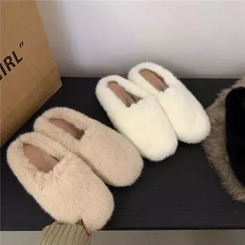 2024 autumn and winter outer wear thick-soled fluffy bag head half slippers women s home flat-bottomed cotton slippers foreign trade models 35