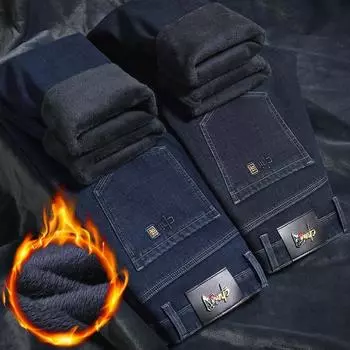 2024 Осень и зима Плюс Плюшевые толстые мужские джинсы с высокой талией эластичные прямые свободные повседневные джинсовые флисовые брюки универсальные 29 синий