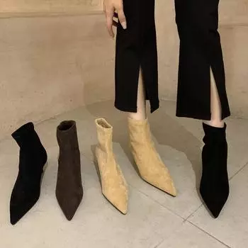 2024 autumn and winter pointed thin heel elastic boots thin boots medium boots matte high heel velvet commuter short boots women 35 абрикосовый