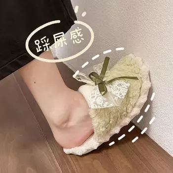 2024 Autumn and Winter Slippers Plus Velvet Durable Comfortable Soft Fashion Bow Slippers Comfortable Indoor Home Slippers 36 бежевый