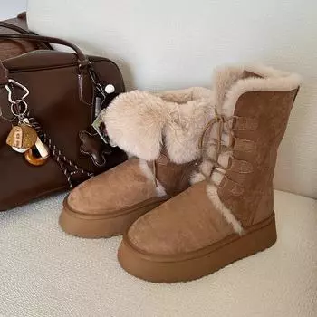 2024 autumn and winter snow boots women s fleece thickened thick sole to increase the height of the fur integrated Northeast cotton shoes fluffy war 35 хаки