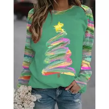 2024 Autumn and Winter Women s Long Sleeve 3D Printed Christmas Tree Printed T-Shirt Women s Streetwear Round Neck Long Sleeve S