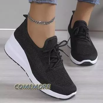 2024 Autumn Breathable Wedge Sneakers Women Mesh Knitted Platform Sports Shoes Woman Casual Non-Slip Lace Up Tennis Shoes Ladies 35 бежевый