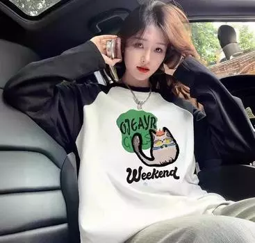 2024 осень женская футболка смешной мультяшный принт O-образный вырез контрастного цвета длинный рукав футболка свободные футболки топы женская уличная одежда футболки M