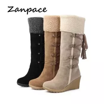 2024 Autumn Large Size 43 Snow Boots Wedges Keep Warm Winter Women Boots Tassel High Heel Round Toe Knee High Women s Shoes 5 бежевый