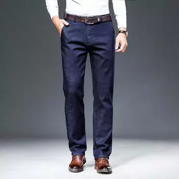 2024 Осень Средней толщины повседневные брюки мужские джинсы прямые свободные эластичные джинсовые брюки 29 темно-синий