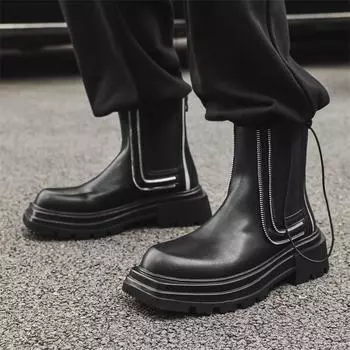 2024 Autumn Men s Fashionable Square-Toe Thick-Soled Zipper Mid-Tube Martin Boots 40 чёрный