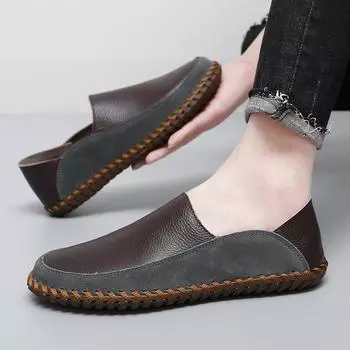 2024 autumn new breathable casual leather shoes men s driving pedal Doudou shoes soft-soled leather handmade men s shoes 38 чёрный