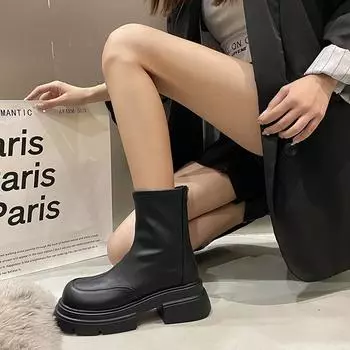 2024 autumn new British style soft leather platform Martin boots women s rear zipper thick heel short tube thin elastic boots 35 чёрный